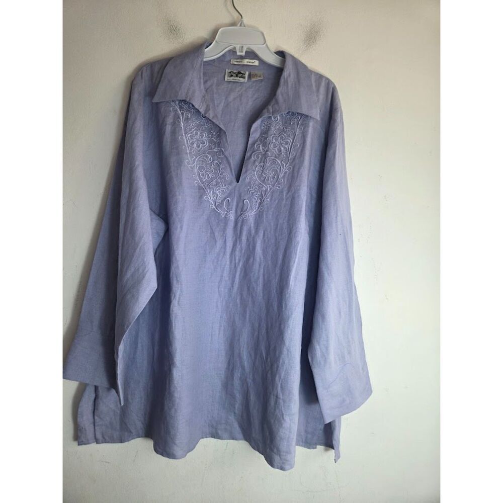 Edward Women Granite Blue 100% Irish Linen Embroidery V-Neck Tunic Top size 2X
